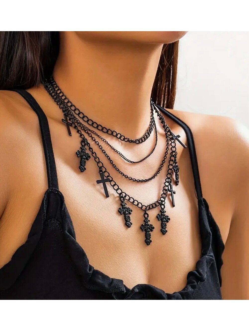 New - Gorgeous - Vintage Inspired Four-Layer Cross Pendant Necklace -Black